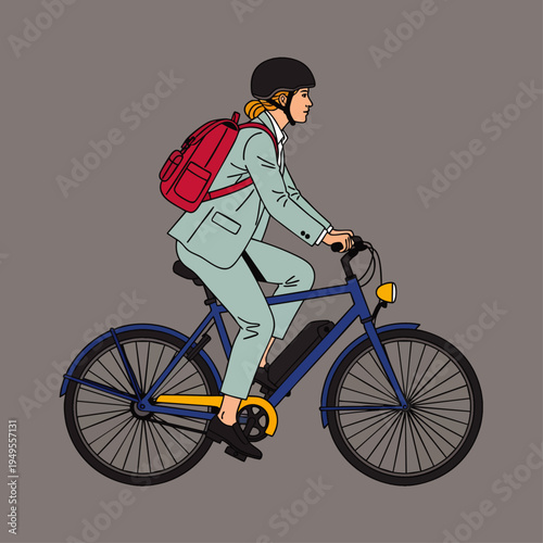 Stylish businesswoman in a suit riding an electric bicycle with a helmet and backpack, commuting to work. Sustainable urban transport, eco-friendly, healthy lifestyle.