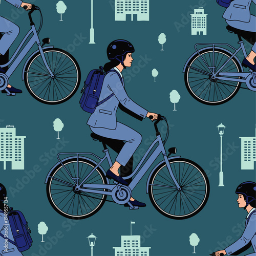 Seamless pattern: Professional woman cycling through a modern city, illustrating sustainable urban commute, active lifestyle, and green travel.