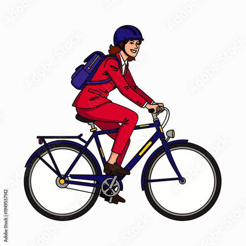 Smiling cartoon woman in a red business suit and blue helmet riding a bicycle with a backpack, symbolizing eco-friendly urban commuting and a healthy lifestyle.