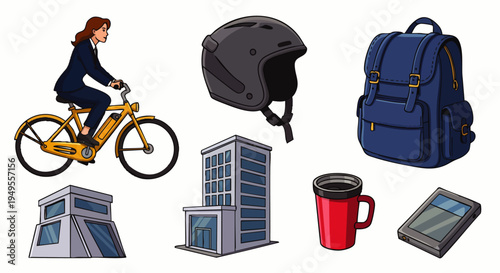 Woman cycling to modern office buildings with backpack, helmet, coffee, and tablet, representing urban commute and business lifestyle