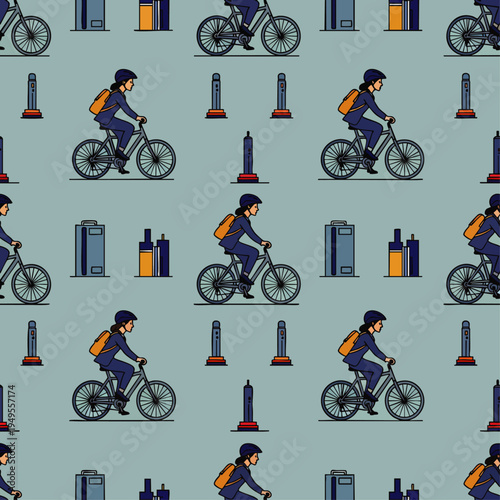 Seamless pattern of a person riding a bicycle in a city with buildings and streetlights, flat design