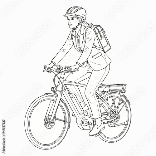 Outline illustration of a woman on an electric bicycle, actively commuting with a helmet and backpack. Modern e-bike sustainable urban transport line art.