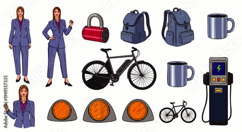 Modern vector set: businesswoman, e-bike, backpacks, padlock, mugs, car lights, EV charger. Urban lifestyle, business, and tech concepts.