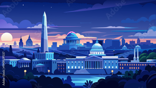Dusk Skyline View of National Monuments and Government Buildings in a Stylized Urban Landscape Setting washington dc skyline