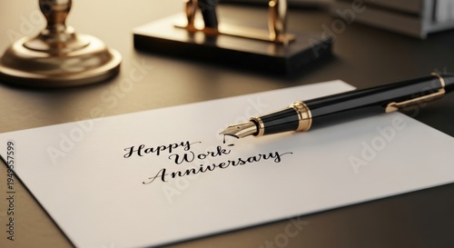 Elegant golden-nib fountain pen poised over crisp 'happy work anniversary' card on sophisticated dark desk, for professional milestones, career dedication, employee recognition.