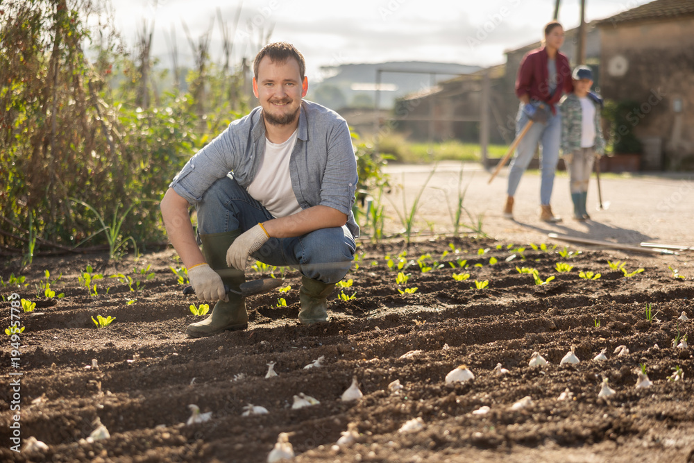 Fototapeta premium Male farmer plants garlic in the garden with his family on the background. Farmer has planted and grows organic seeds.