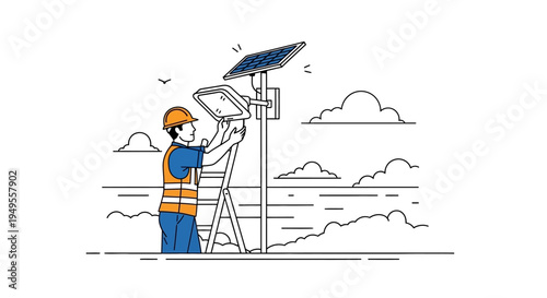 Professional Technician Installing a Solar Powered Floodlight on a Pole, Renewable Energy and Sustainability Concept Illustration
