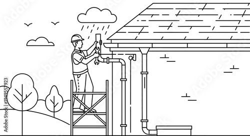 Plumber Repairing Outdoor House Pipe in Rain Line Art Illustration. Handyman fixing exterior drainage system on a scaffold. Professional home maintenance vector concept.