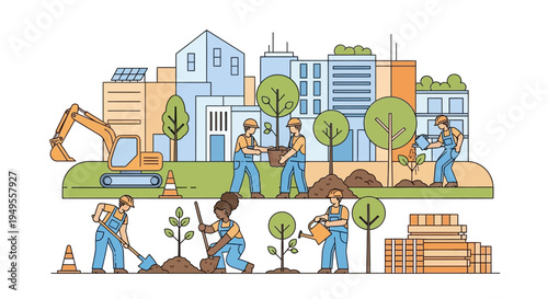 Sustainable Urban Development and Green Construction Concept: Diverse Workers Planting Trees and Landscaping in an Eco-Friendly City with Solar Panels and Modern Buildings