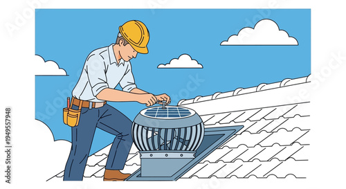 Technician Installing Solar Powered Attic Vent on Roof Flat Vector Illustration