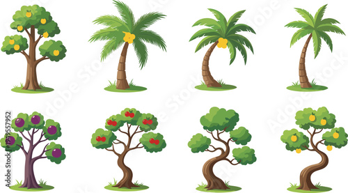 Cartoon fruit trees, yellow apples, palm tree, purple grapes, red apples, twisted trunk, foliage variety, nature illustration, orchard design, playful art