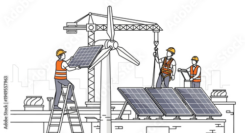 Renewable Energy Construction Workers Installing Solar Panels and Wind Turbine on Rooftop Line Drawing Illustration