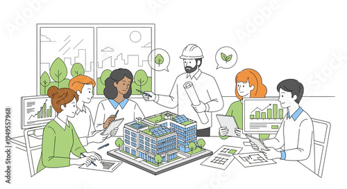 Sustainable Building Project Meeting: Diverse Team of Architects and Engineers Collaborating on Eco-Friendly Urban Development and Green Energy Architecture