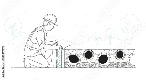 Construction Worker Inspecting Underground Pipe Infrastructure, Engineering Line Art Illustration of Utility Pipe Installation and Drainage System