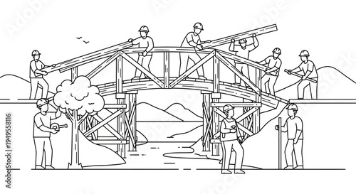 Construction Workers Building a Wooden Bridge Line Art Illustration - Teamwork and Infrastructure Concept