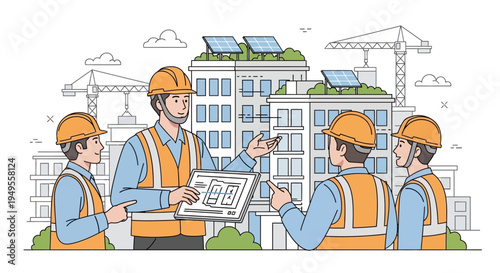 Sustainable Construction Team Planning Eco-Friendly Green Building with Solar Panels and Renewable Energy Systems Illustration