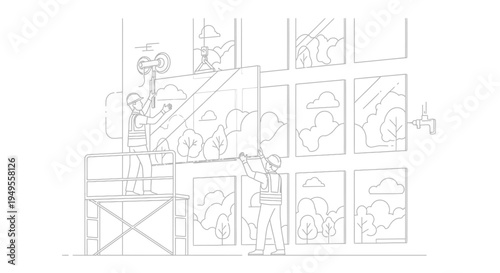 Construction Workers Installing Large Glass Window on Modern Building Facade Line Art Illustration