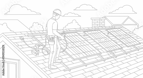 Solar Panel Installation on House Roof Line Art, Technician Installing Photovoltaic System for Renewable Energy Coloring Page