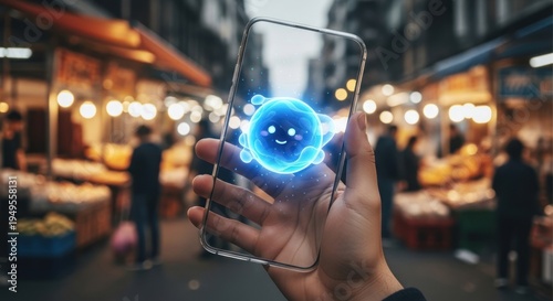 Hand holding transparent smartphone with glowing blue animated friendly microorganism character in outdoor night market setting, for augmented reality health monitoring digital interaction