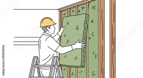Construction Worker Installing Green Insulation Batts in Wooden Stud Wall for Home Energy Efficiency - Line Art Illustration