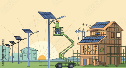 Sustainable City Illustration with Solar Panels, Renewable Energy Streetlights, and Eco-Friendly Green Building Construction