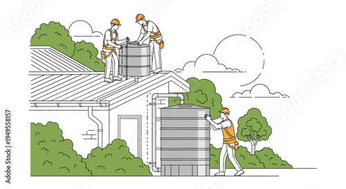 Professional Installation of Rainwater Harvesting and Water Storage System for Residential House Illustration