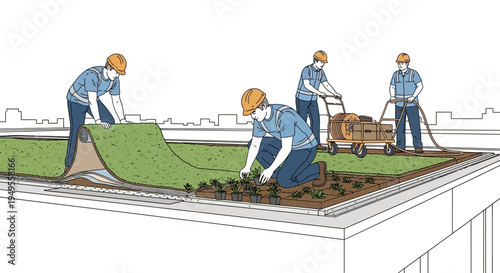 Workers Installing Sustainable Green Roof and Landscaping on Urban Building Rooftop Illustration