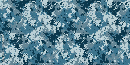 Abstract digital camouflage pattern in shades of blue.  Perfect for backgrounds, textures, or militarythemed designs.  Seamless repeat for versatile use in print and web projects.