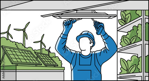 Technician Maintenance for Renewable Energy, Solar Panels, Wind Turbines, and Vertical Farming Illustration