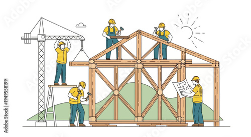 Construction Workers Building a Wooden House Frame with Crane and Blueprint, Teamwork and Architecture Illustration