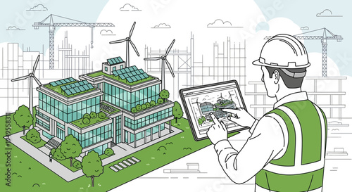 Architect Planning Sustainable Green Building with Solar Panels and Wind Turbines on Digital Tablet Illustration