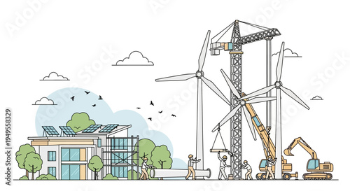 Renewable Energy Infrastructure Construction Site Illustration with Wind Turbines, Solar Panels, Eco-friendly Housing, and Industrial Workers