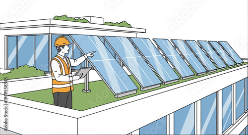 Engineer Inspecting Solar Panels on Modern Green Building Rooftop, Renewable Energy Concept Illustration