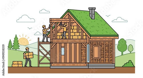 Sustainable Eco-Friendly House Construction with Straw Bale Insulation and Green Roof Illustration