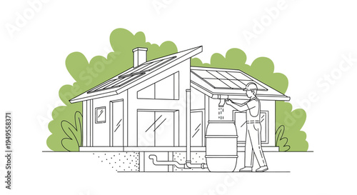 Sustainable Modern House Illustration with Solar Panels Rainwater Harvesting and Green Energy Systems