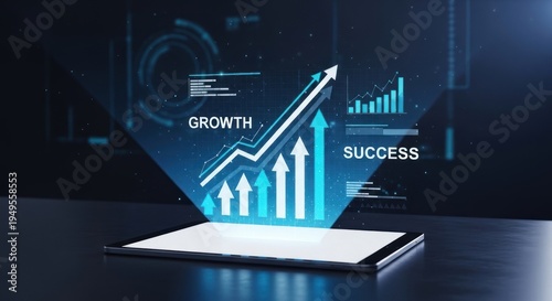 Holographic projection rising graph with upward arrows 'growth' 'success' text emanating tablet, for business development, financial progress, future achievements.