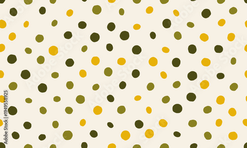 Abstract autumnal pattern with scattered mustard yellow and olive green dots on a creamy background.