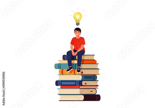 Man sitting on stack of books.