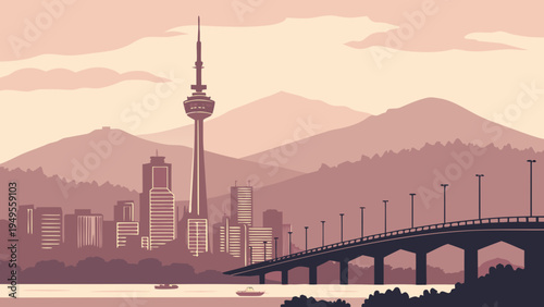 Metropolitan Skyline View Featuring Tall Communication Tower Spanning Waterway and Distant Mountain Range Landscape seoul skyline vector