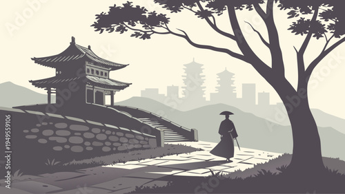 Lone Warrior Walks Path Toward Pagoda Silhouette Against Distant Asian City Skyline Monochrome seoul skyline vector