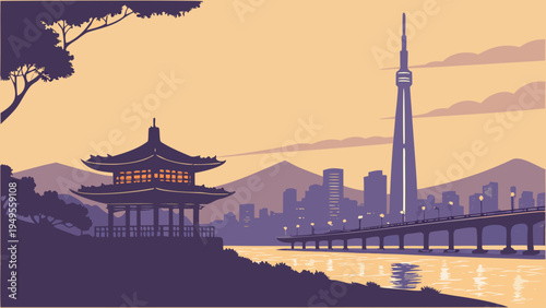 Asian Cityscape Sunset View with Traditional Pavilion Riverside and Modern Skyscraper Silhouette seoul skyline vector