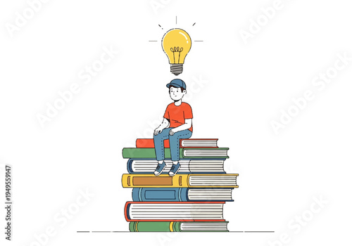 Young man sitting on stack books.