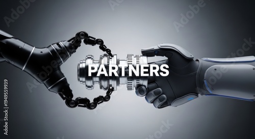 Robotic arms connecting complex metallic gears with word partners centered, for artificial intelligence collaboration, future technology integration, strong mechanical teamwork