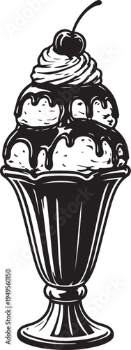 Vintage Ice Cream Sundae Vector Illustration with Cherry, Whipped Cream, and Chocolate Syrup