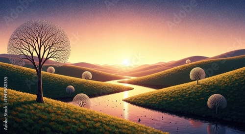 Stylized landscape rolling green hills divided winding river reflecting bright sunset, for tranquility, journey, natural beauty in peaceful setting