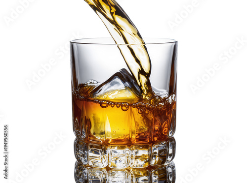 фотографія Golden amber liquid, like whiskey, being poured into a faceted glass with ice, c