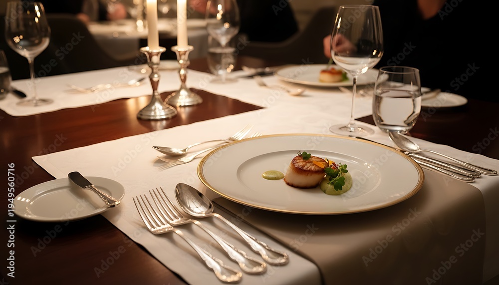 Fototapeta premium Elegant Dinner Table Setup with Seared Scallop Plate in a Fine Dining Restaurant