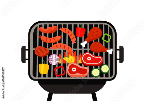 Grilled Meat and Seafood on Barbecue.