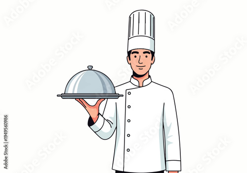 Smiling chef holding silver serving dish 1.