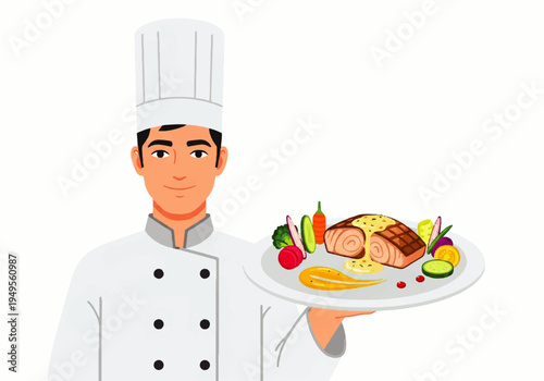 Smiling chef holding food plate.